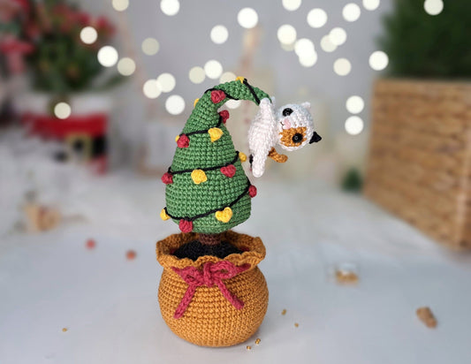 Christmas Tree in a pot with a Naughty Cat Crochet Pattern
